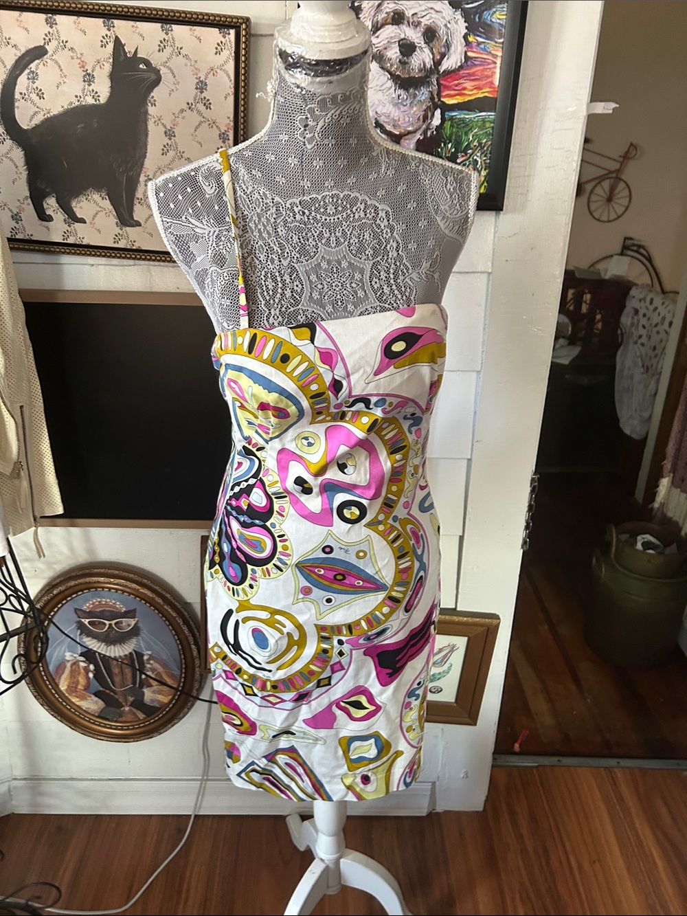 Emilio Pucci Pink, Yellow and Black Abstract Print Spaghetti Strap Dress